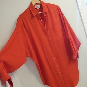 Vintage Medium Tunic Long Oversized Top Red Longsleeve Button Collar Shirt Flowy